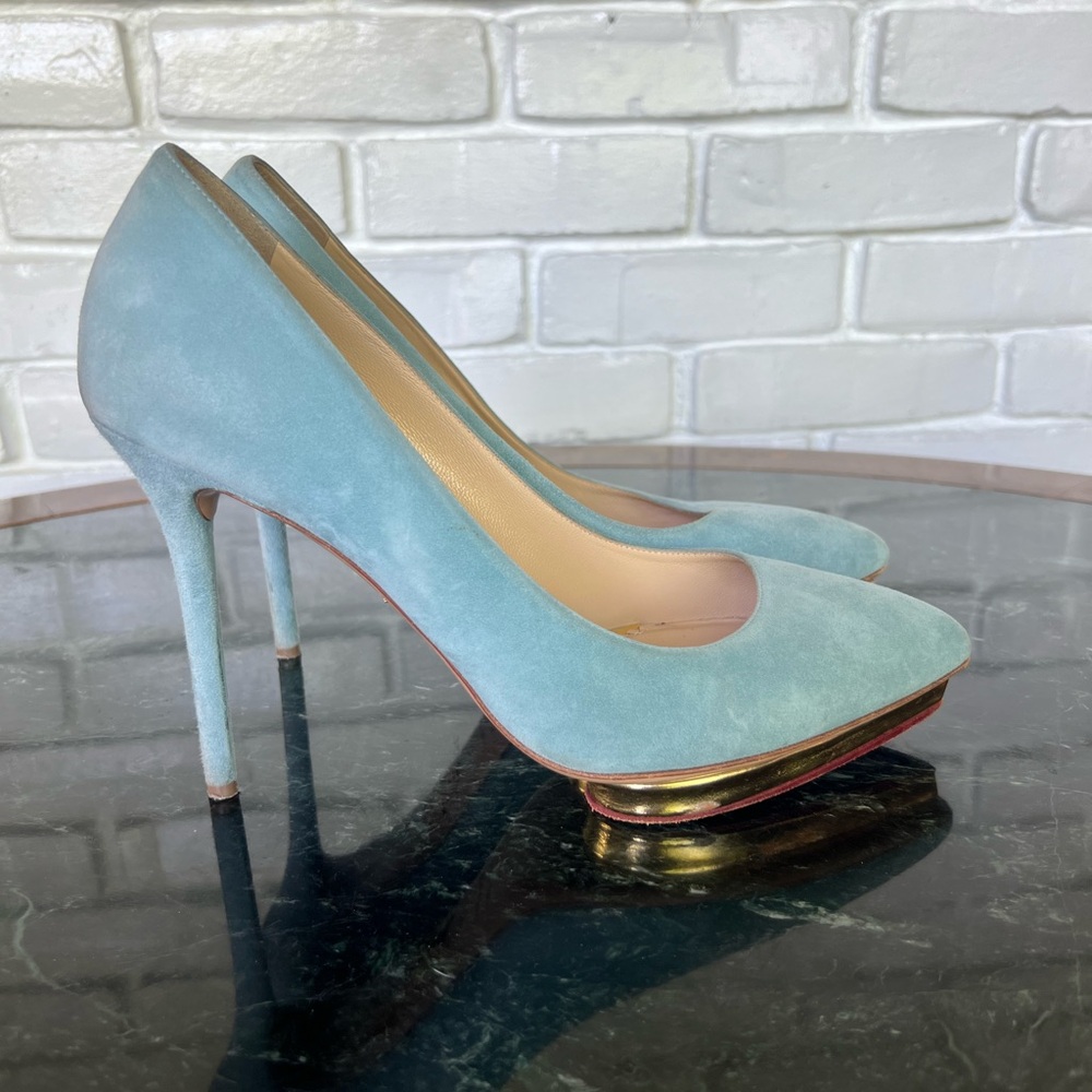 Charlotte Olympia sky blue suede heels